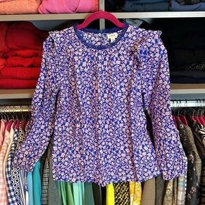 J Crew royal blue with pink flowers long sleeved blouse size 0